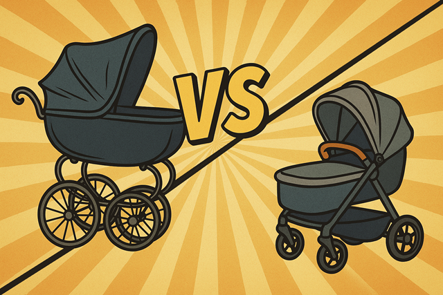 Ilustracja w stylu pop-art: porównanie (VS) wózka historycznego (duża gondola, szprychowe koła) z nowoczesnym (ergonomiczny stelaż, małe koła).